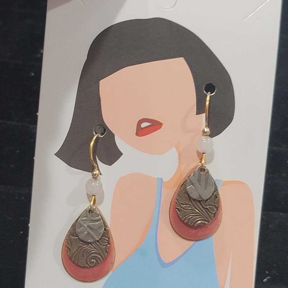 3x$15 Dangle earrings pink mauve enamel etched leaves on silver brass